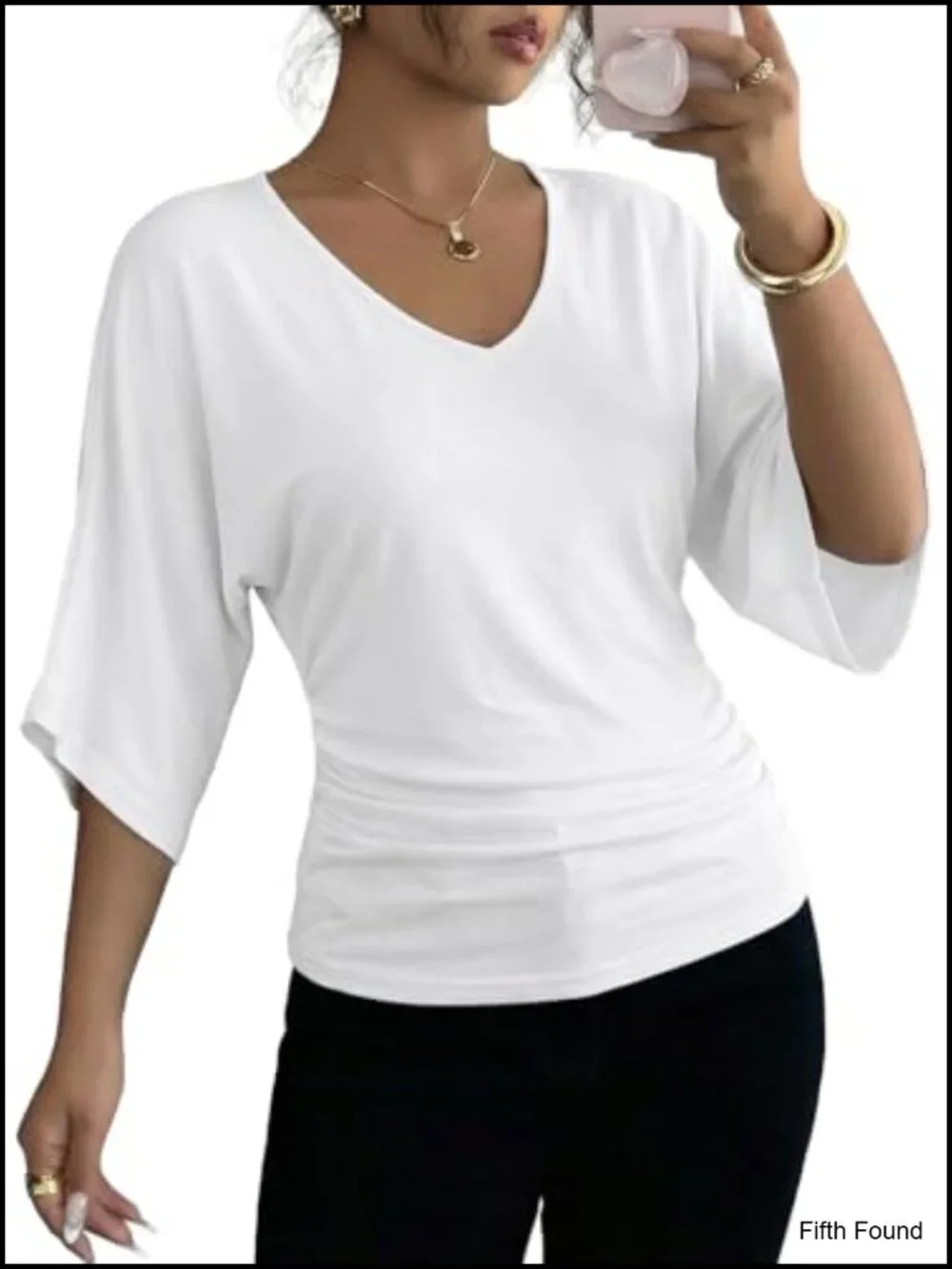 V Neck 3/4 Batwing Sleeve Ruched T-Shirt Blouse Business Work Outfits
